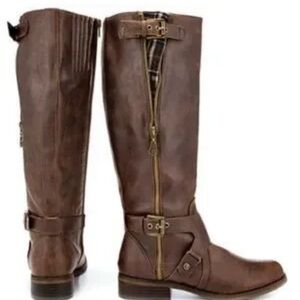 G By Guess Brown Knee-High Women's Riding Boots Plaid Buckle Accents Size 7.5